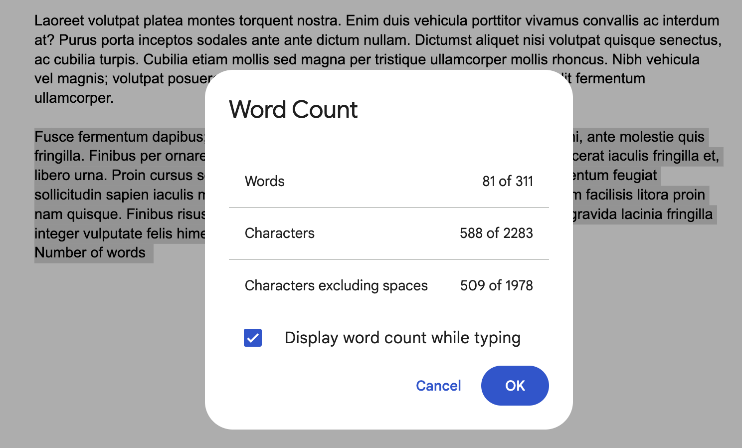 Selected text word count in Google Docs