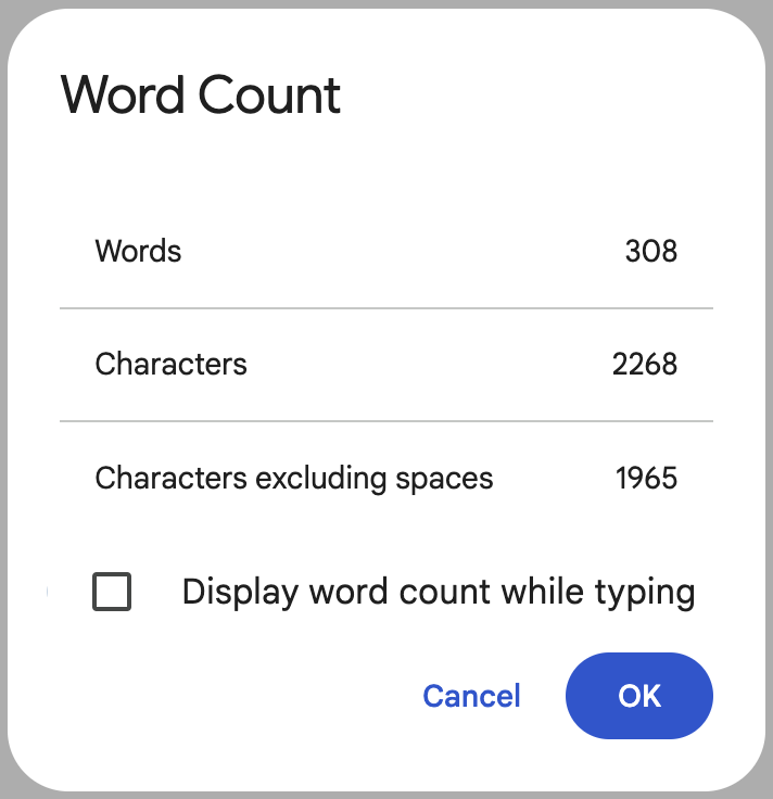 Word count dialog in Google Docs