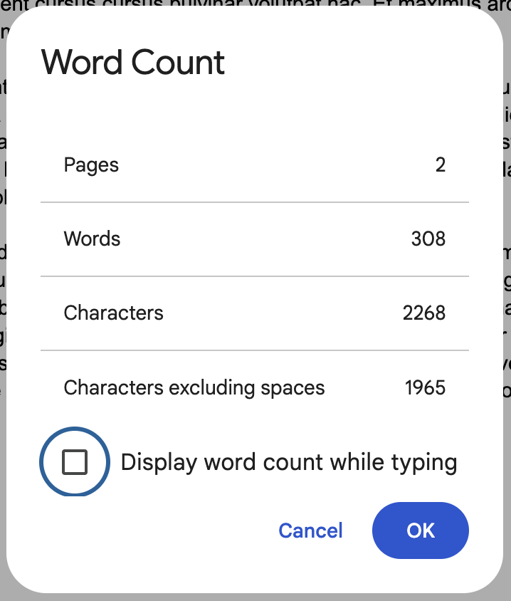 Word count display while typing in Google Docs