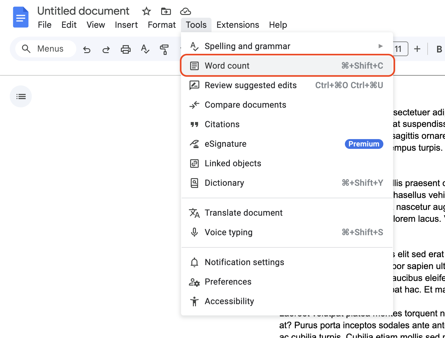 Word count menu in Google Docs